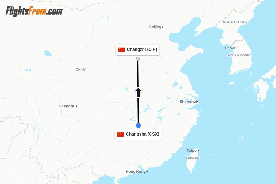 Flights from Changsha to Changzhi route map