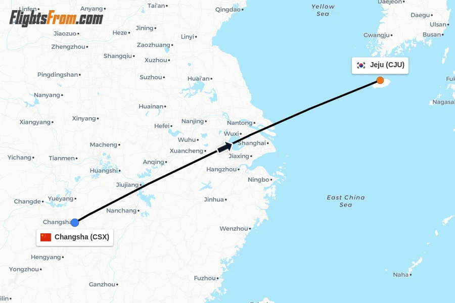 Flights from Changsha to Jeju route map