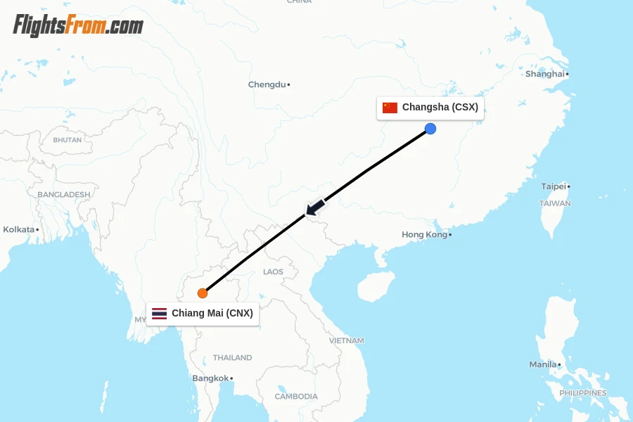 Flights from Changsha to Chiang Mai route map
