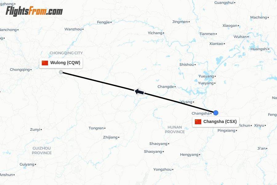 Flights from Changsha to Wulong route map