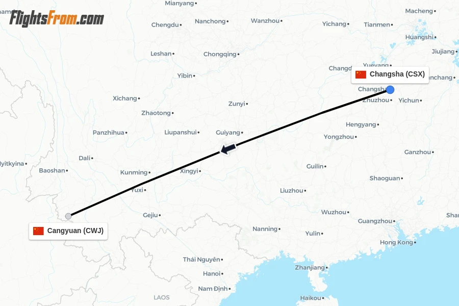 Flights from Changsha to Cangyuan route map