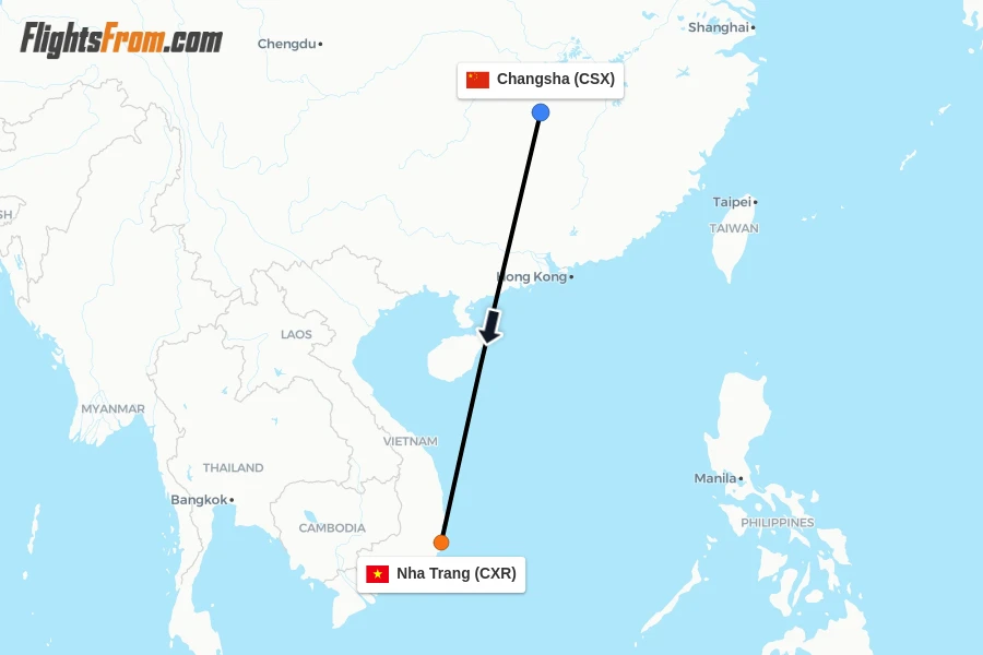 Flights from Changsha to Nha Trang route map