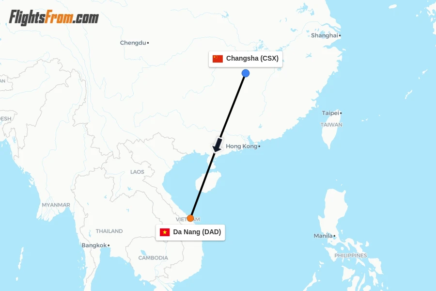 Flights from Changsha to Da Nang route map