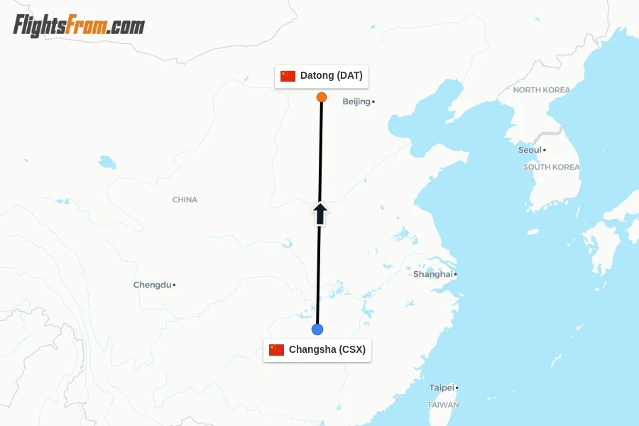 Flights from Changsha to Datong route map
