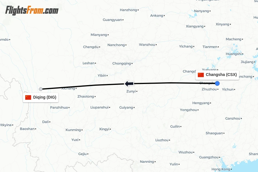 Flights from Changsha to Diqing route map