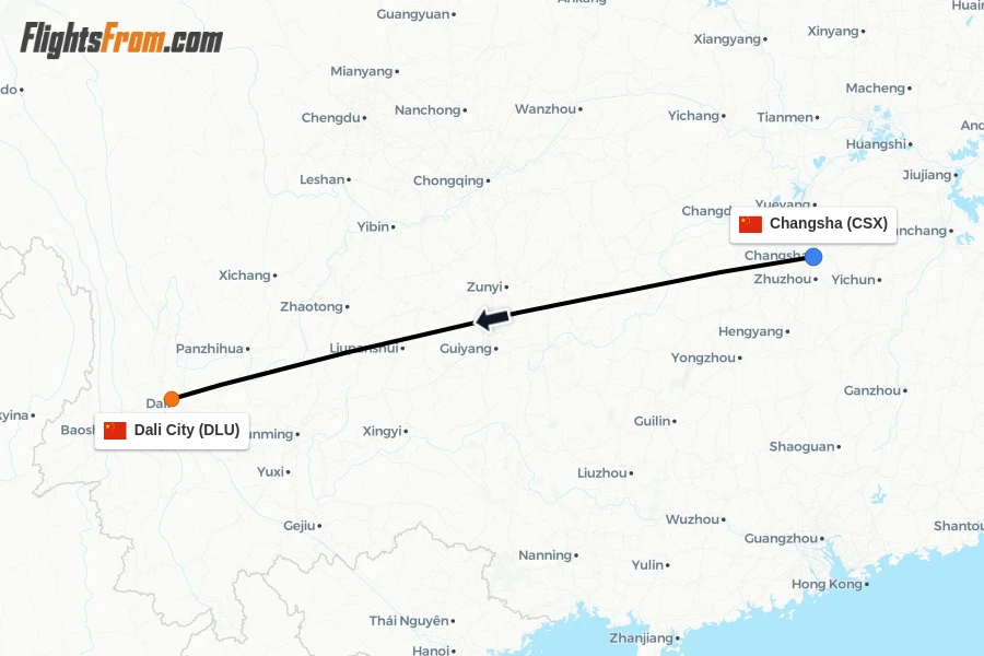 Flights from Changsha to Dali City route map