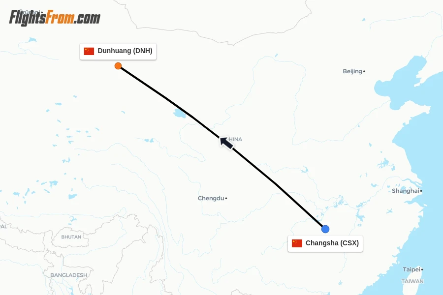 Flights from Changsha to Dunhuang route map