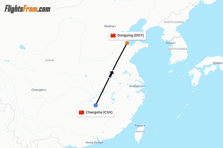 Flights from Changsha to Dongying route map