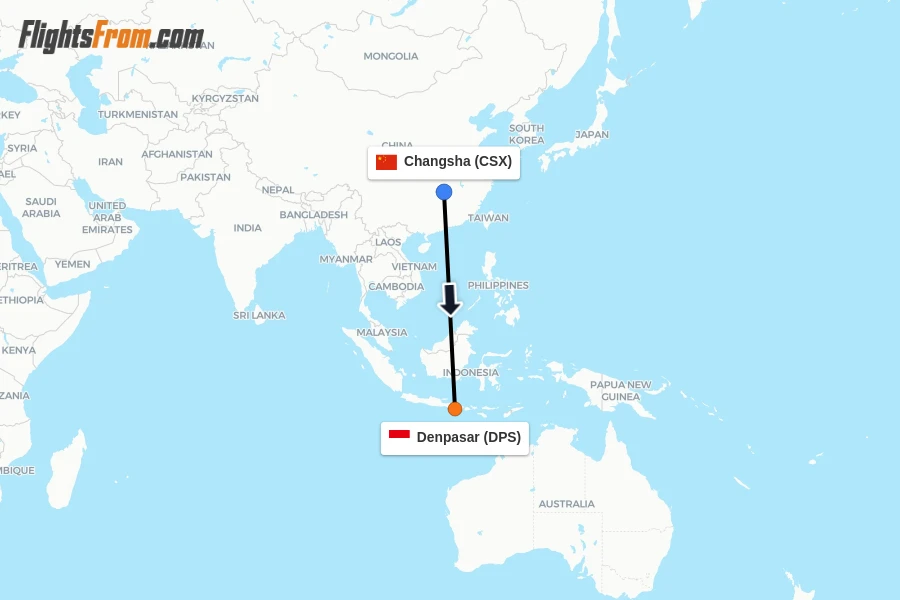 Flights from Changsha to Denpasar route map