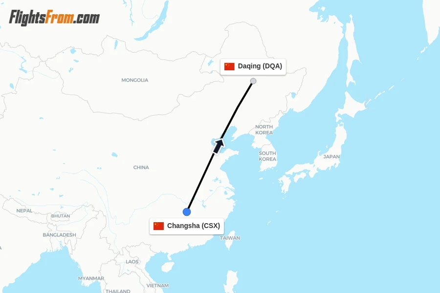 Flights from Changsha to Daqing route map