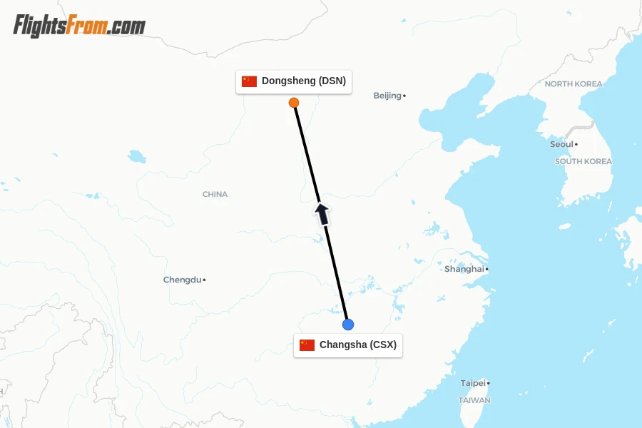 Flights from Changsha to Dongsheng route map