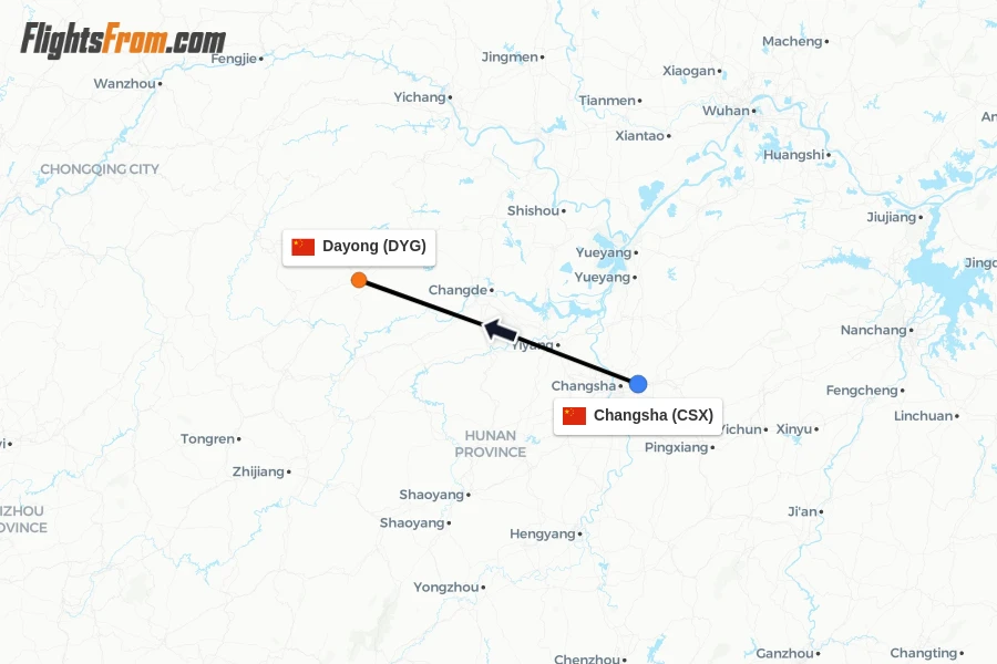 Flights from Changsha to Dayong route map