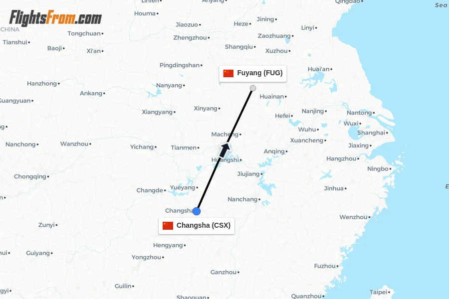 Flights from Changsha to Fuyang route map