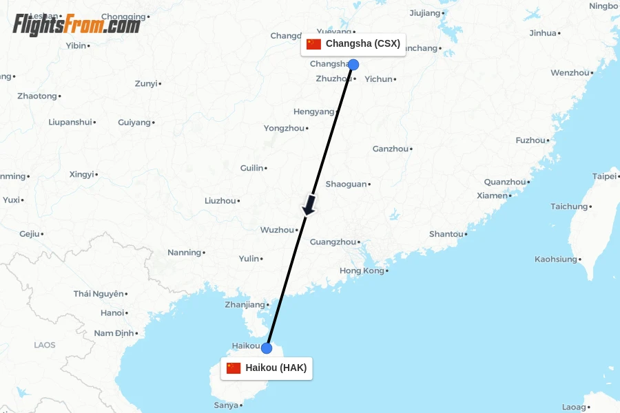 Flights from Changsha to Haikou route map