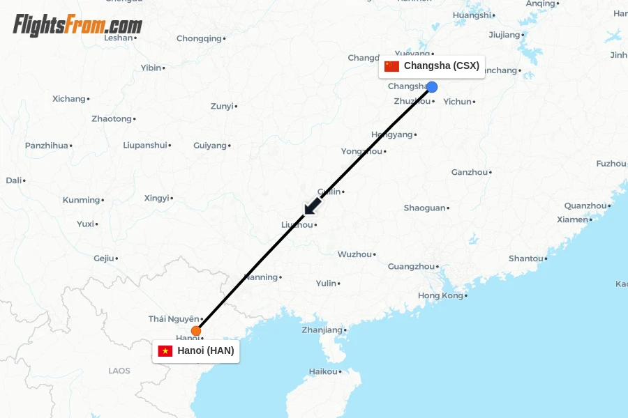 Flights from Changsha to Hanoi route map