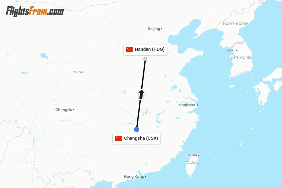 Flights from Changsha to Handan route map