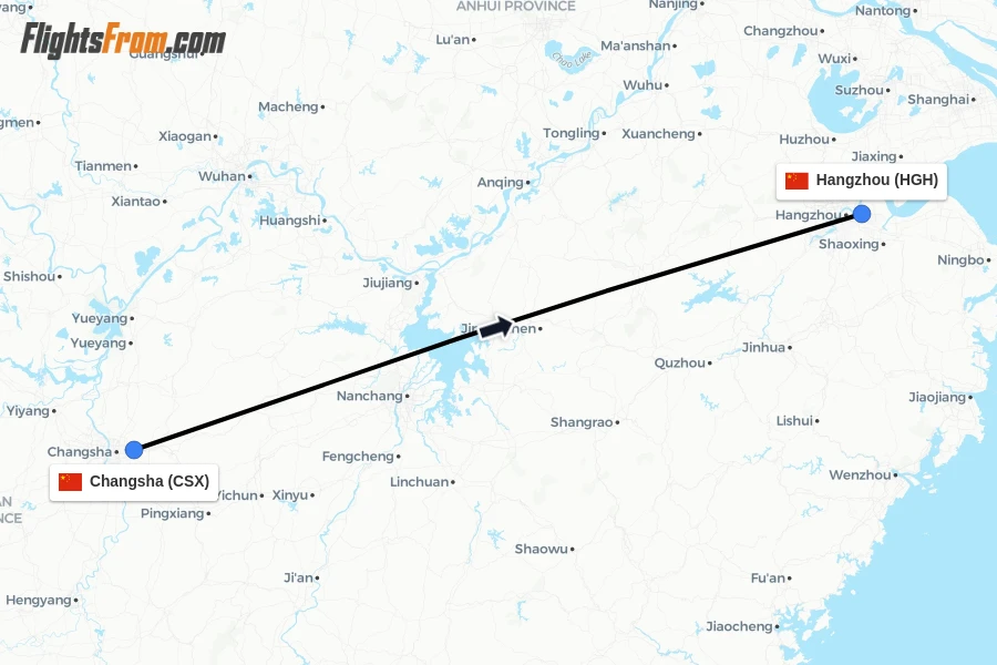 Flights from Changsha to Hangzhou route map