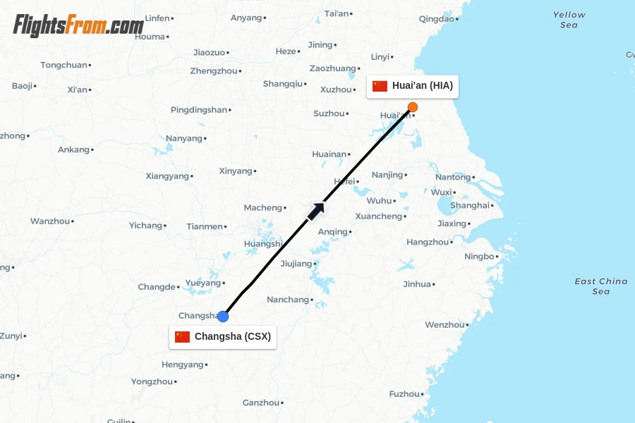 Flights from Changsha to Huai'an route map