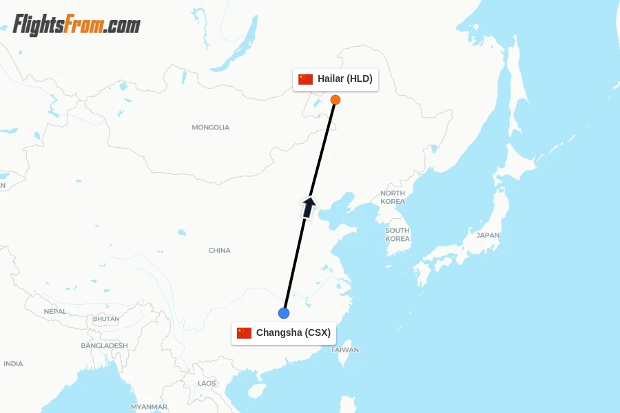 Flights from Changsha to Hailar route map