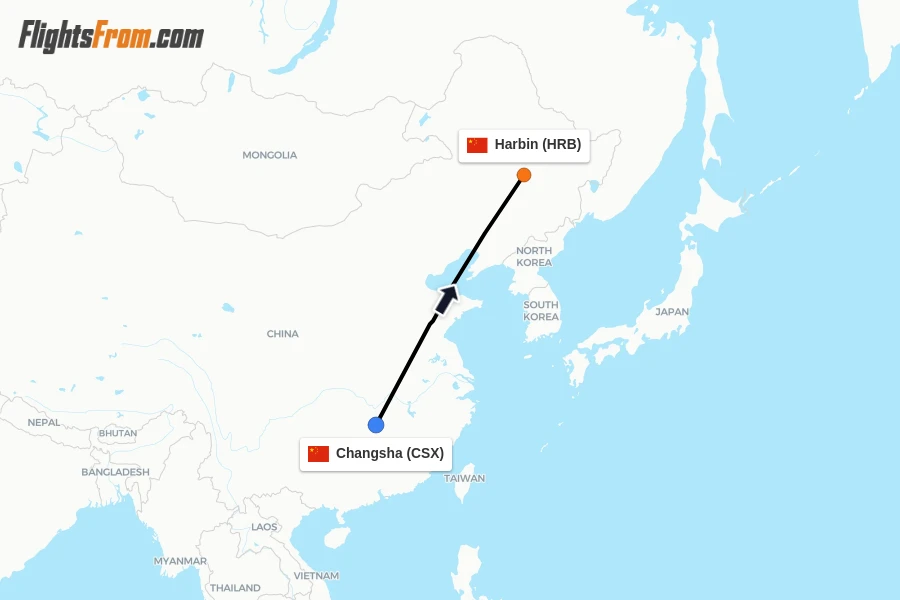 Flights from Changsha to Harbin route map