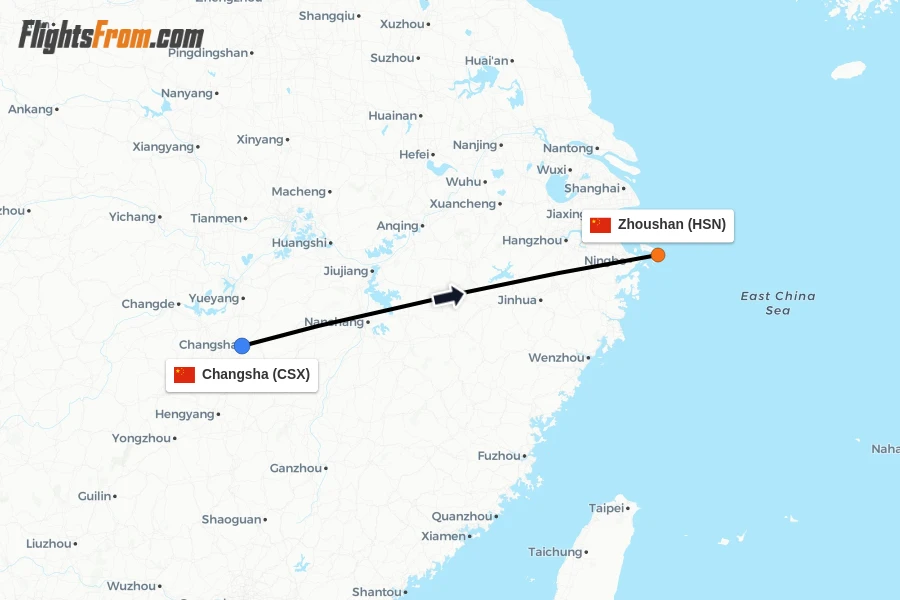 Flights from Changsha to Zhoushan route map