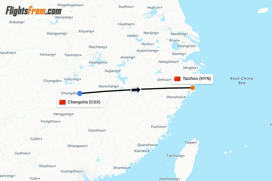 Flights from Changsha to Taizhou route map
