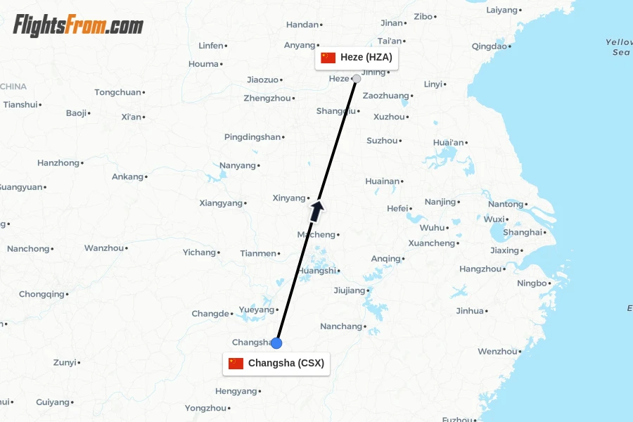 Flights from Changsha to Heze route map