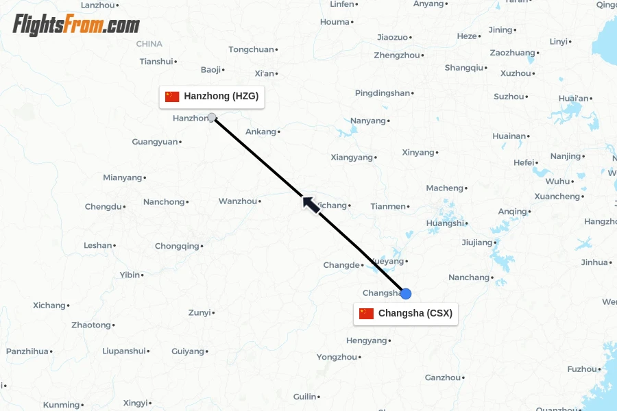 Flights from Changsha to Hanzhong route map