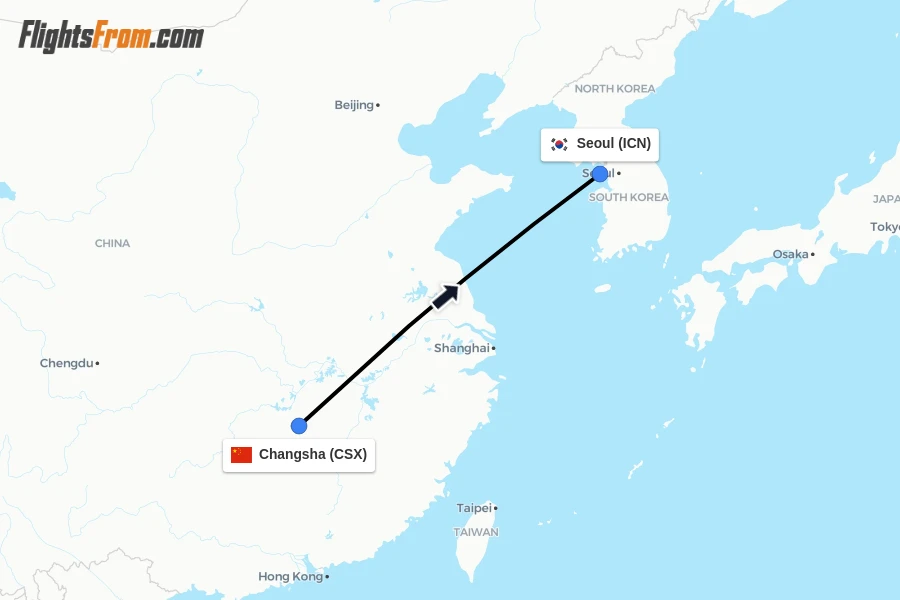Flights from Changsha to Seoul route map