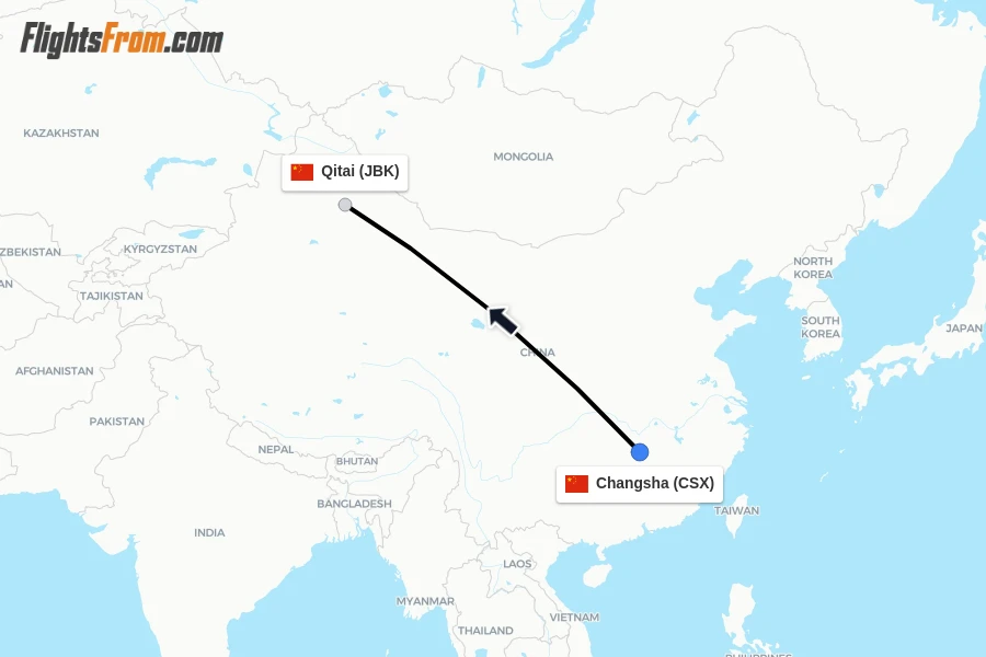 Flights from Changsha to Qitai route map