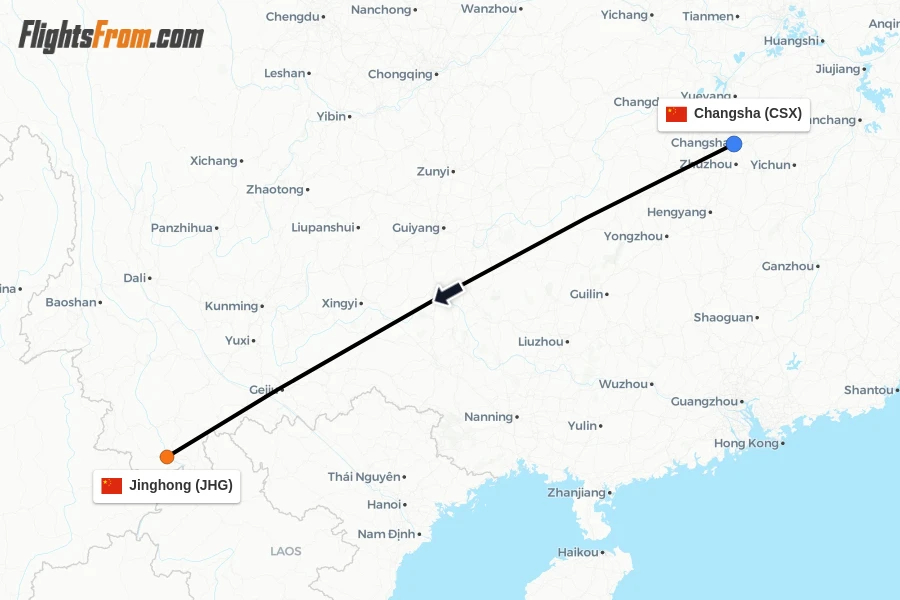 Flights from Changsha to Jinghong route map