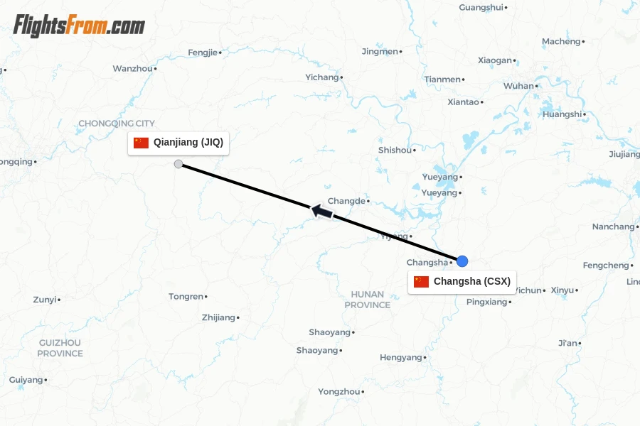 Flights from Changsha to Qianjiang route map