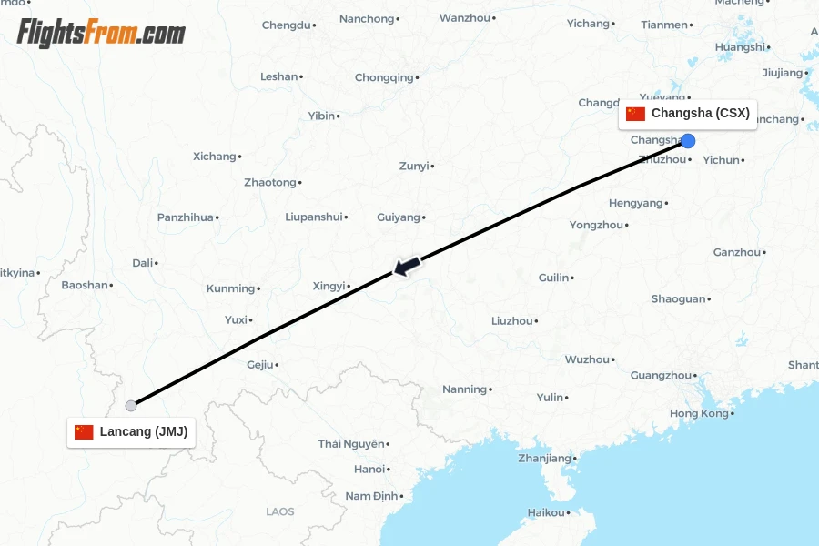 Flights from Changsha to Lancang route map