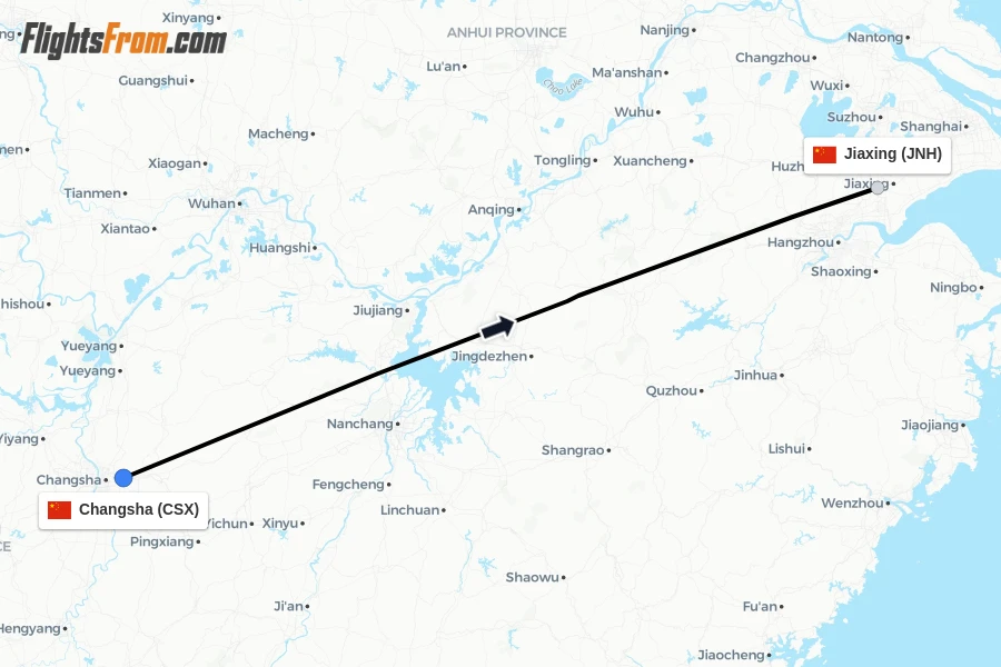 Flights from Changsha to Jiaxing route map