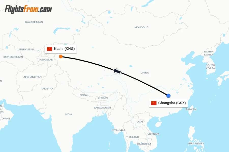 Flights from Changsha to Kashi route map
