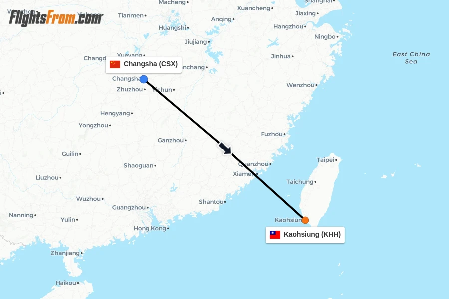 Flights from Changsha to Kaohsiung route map