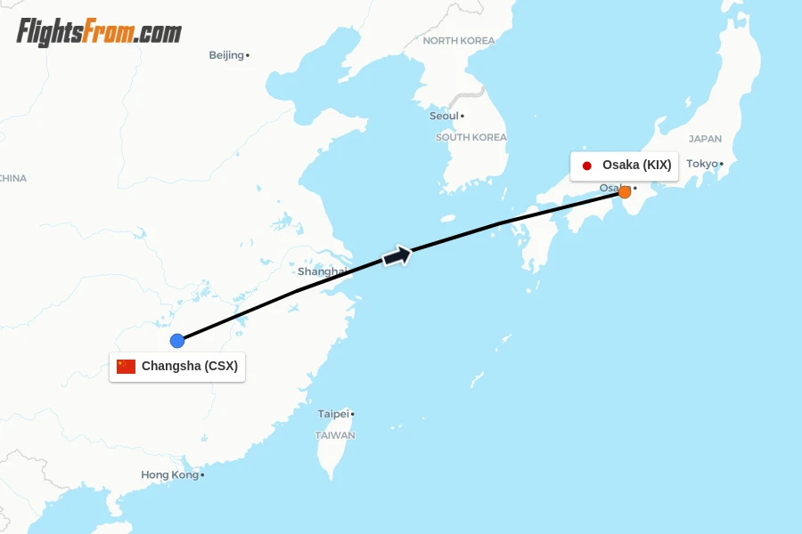 Flights from Changsha to Osaka route map