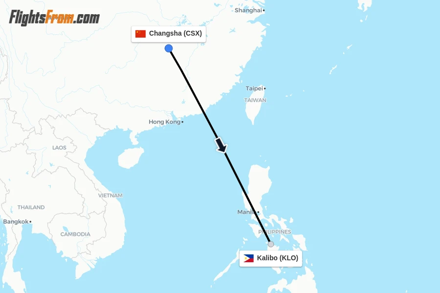 Flights from Changsha to Kalibo route map