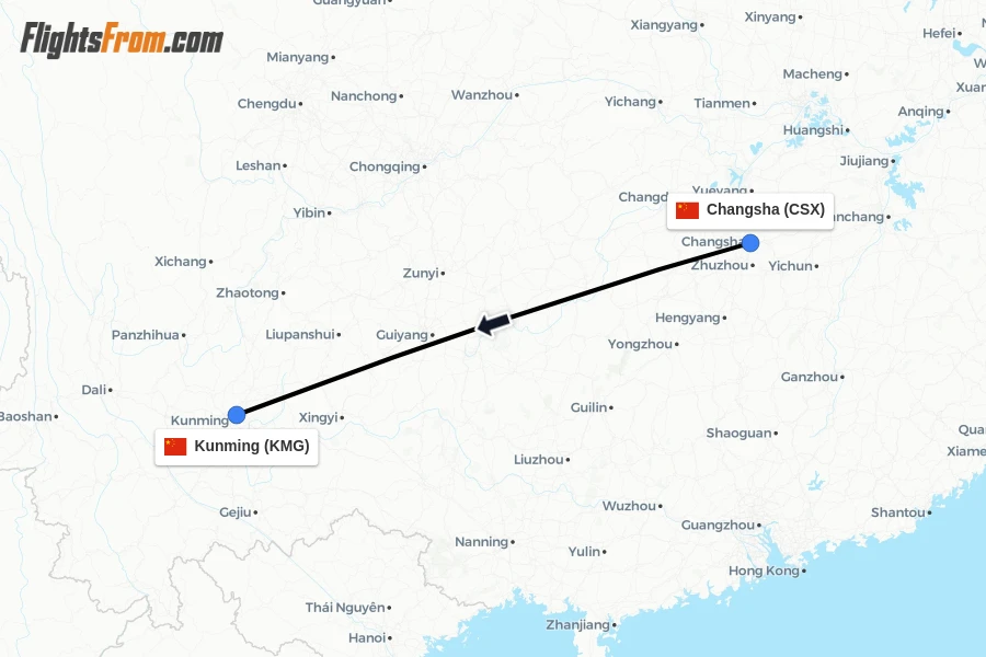 Flights from Changsha to Kunming route map