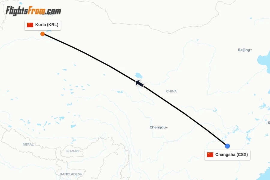 Flights from Changsha to Korla route map