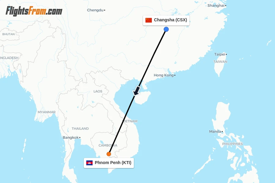Flights from Changsha to Phnom Penh route map