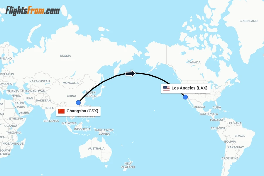 Flights from Changsha to Los Angeles route map