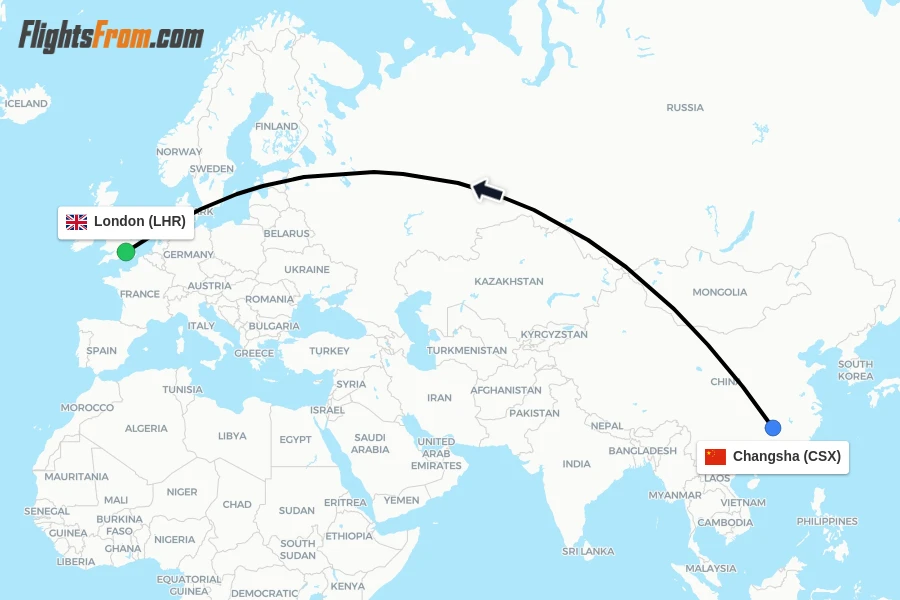 Flights from Changsha to London route map