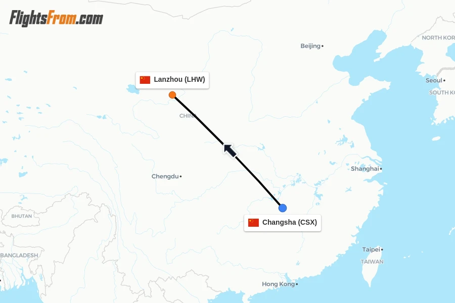 Flights from Changsha to Lanzhou route map