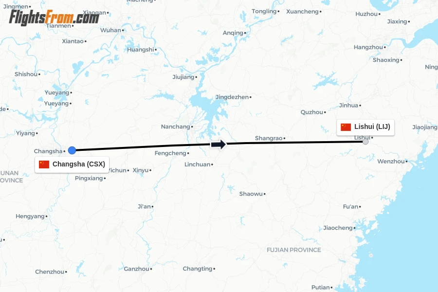 Flights from Changsha to Lishui route map