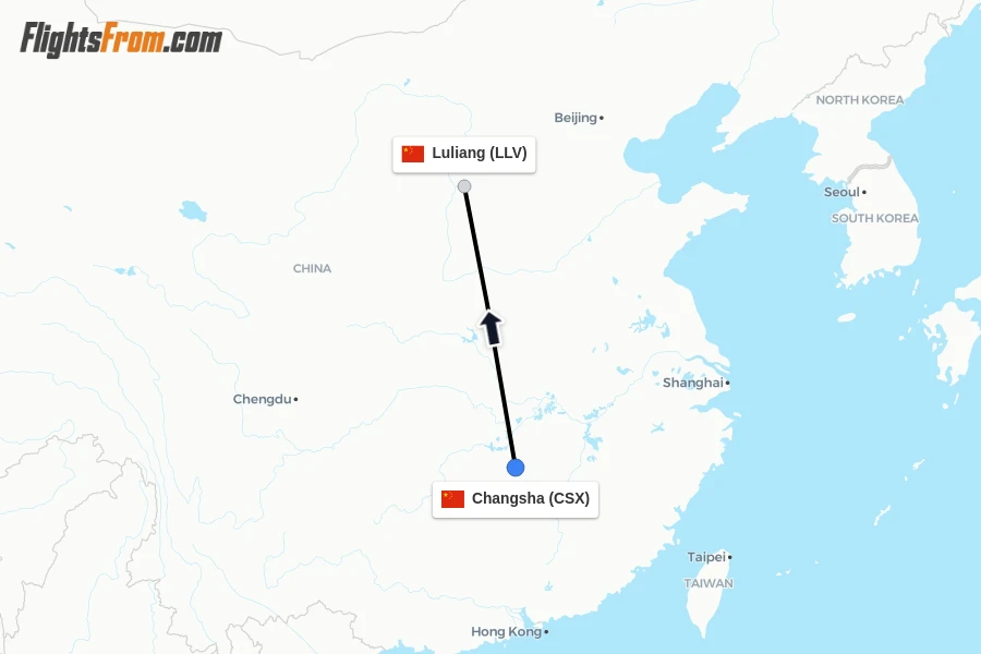 Flights from Changsha to Luliang route map
