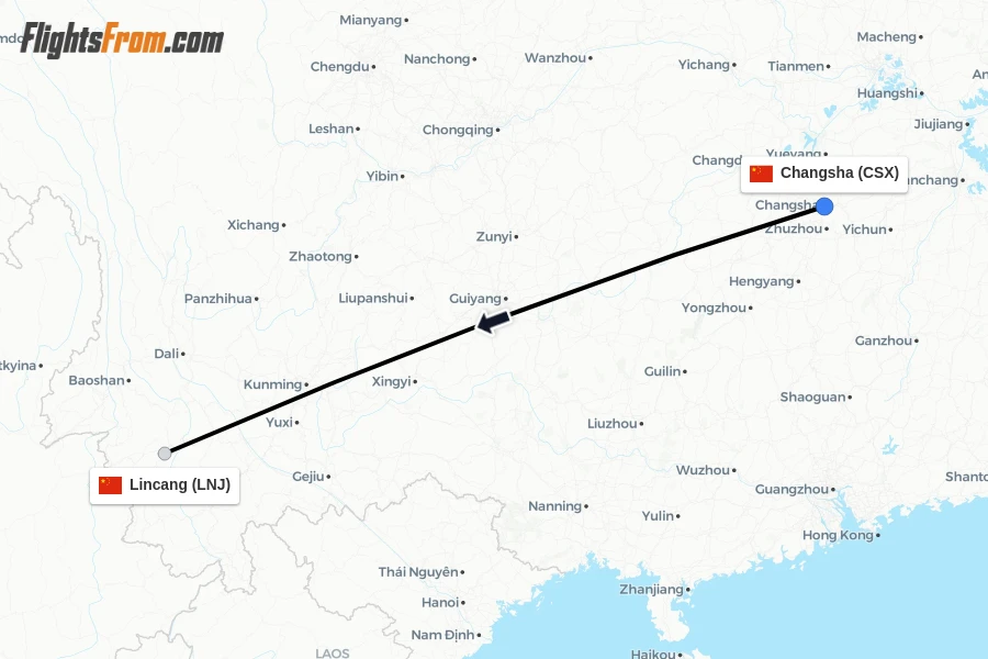 Flights from Changsha to Lincang route map