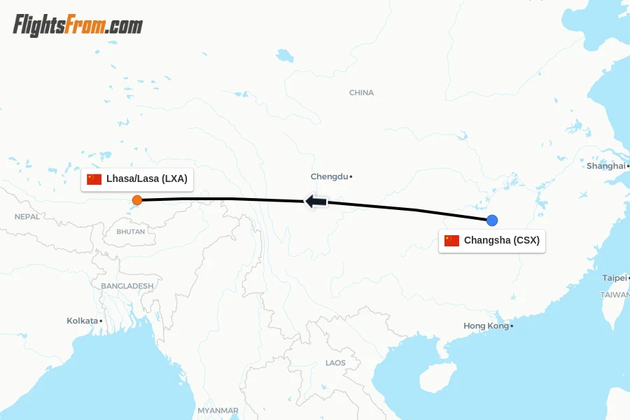 Flights from Changsha to Lhasa/Lasa route map