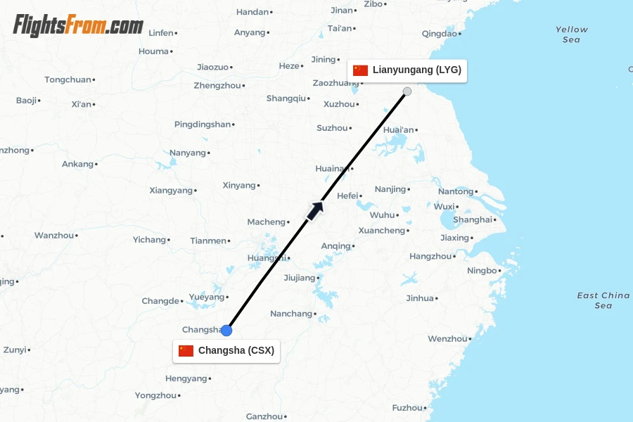Flights from Changsha to Lianyungang route map