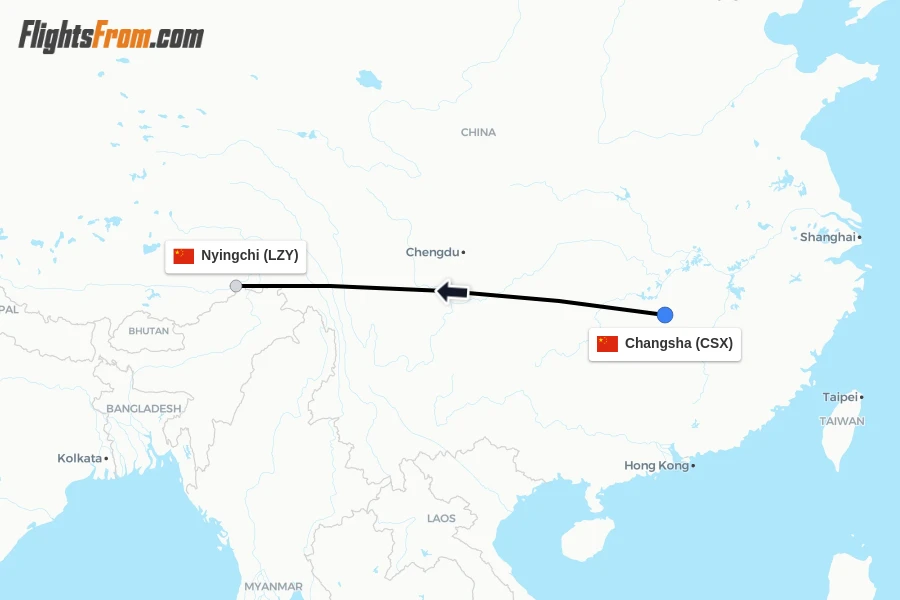 Flights from Changsha to Nyingchi route map